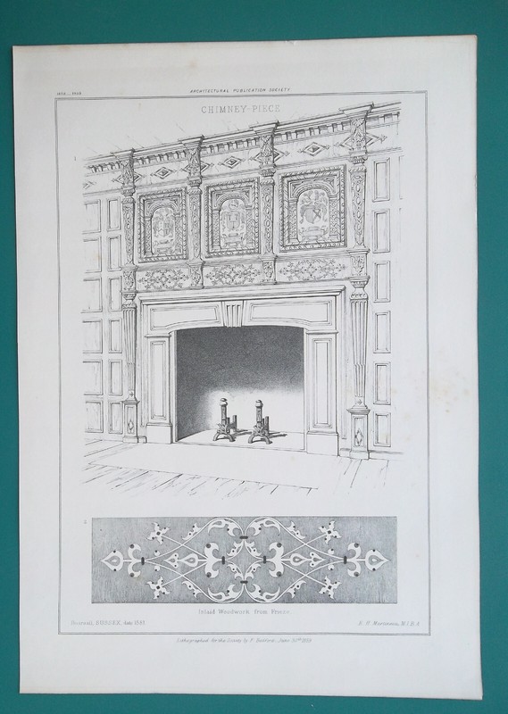 ARCHITECTURE Renaissance Fireplace Sussex England – SCARCE 1859 Antique Print