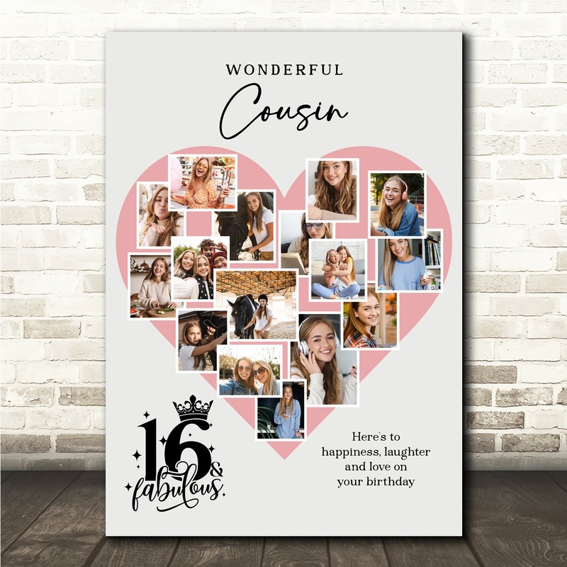 Photo Collage 16th Birthday Gift For Cousin 16-Photo Pink Heart Print Or Canvas