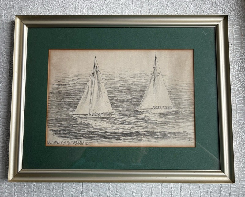 VTG 60s Jas F Murray Lithograph Framed Yachts Americas Cup Newport Rhode Island