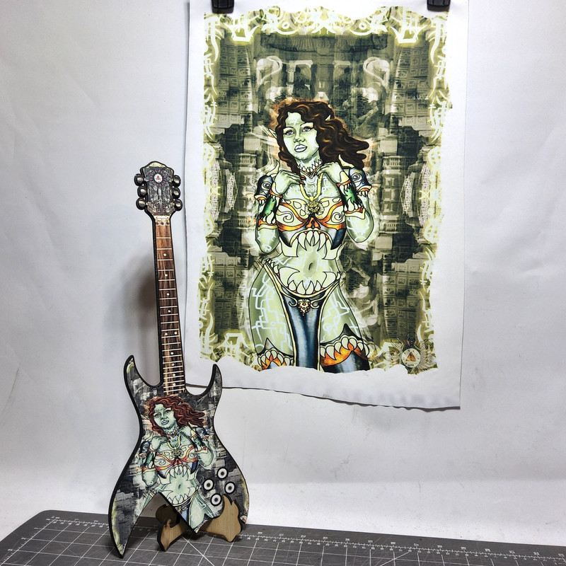 Combo set thick warrior green female 12×19 digital art print & 7×17 mini guitar