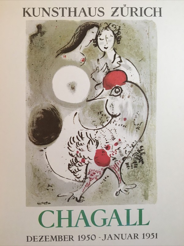 Marc Chagall Poster,Kunsthaus Zurich Offset Lithograph,Vintage 1966.Platesigned gallery