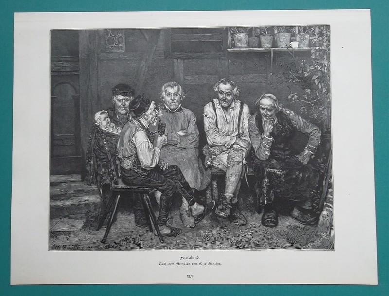OLD MEN Evening Gossip Pipe Smoking - 1886 Victorian Era Antique Print