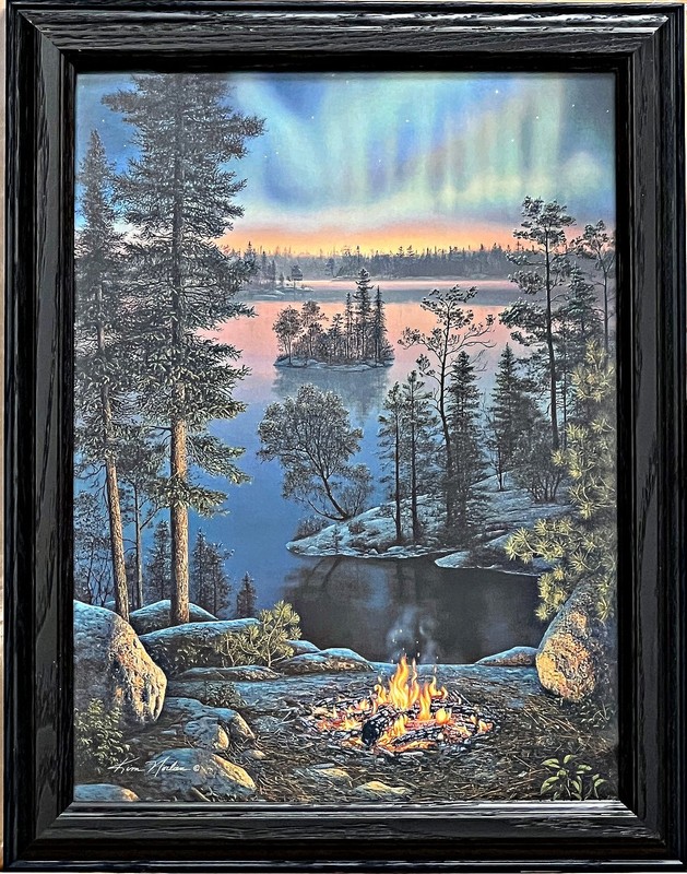 Kim Norlien Framed Northern Lights Camping Art Print Night Fire 14.5″x18.5″