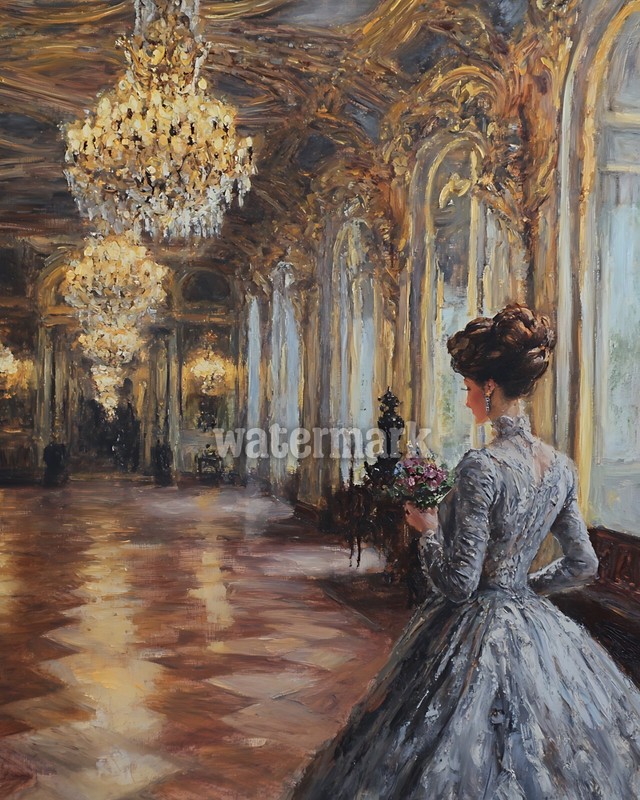Victorian woman in a ballroom with chandeliers oil Painting 8x10 Print