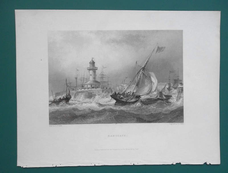 RAMSGATE Harbour Lighthouse Ships Breeze Thanet Island – 1842 Print E.W. Cooke