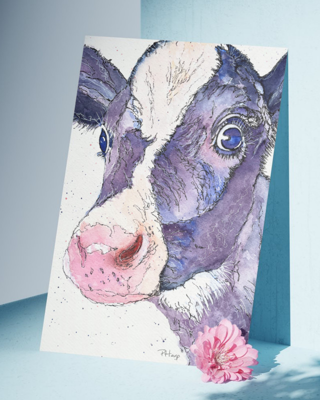 ACEO ORIGINAL PRINT Cow Watercolor Farm Animal Nursery Art by PHarp Watercolors