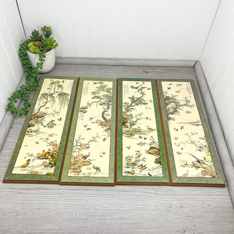 4 Large Mid Century Wood Panels Asian Birds Prints Evangeline Paint 1963 15 x 5" gallery