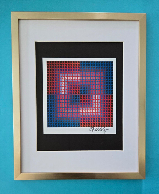 VICTOR VASARELY + SIGNED GEOMETRIC ABSTRACT PRINT FROM 1970s NEW FRAME 14x11in.