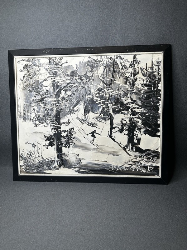 Morris Katz Vintage Oil Painting, Snowy Forest Skiing Scene 1978