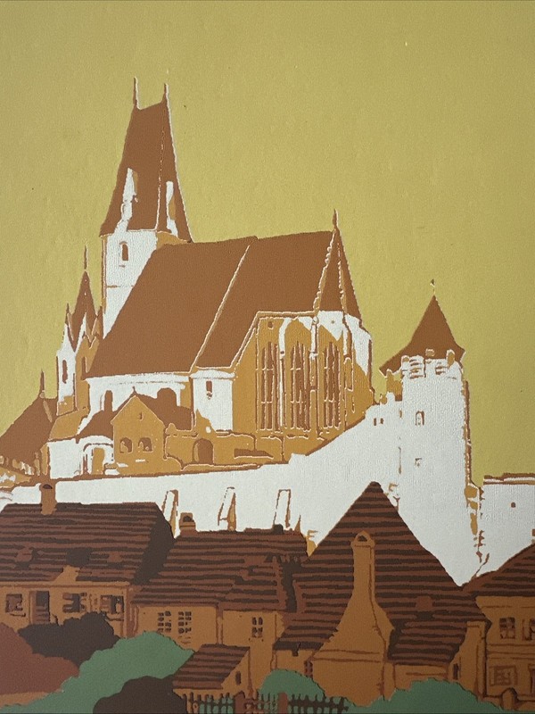 Boris Reidel 1930s Signed Serigraph 8.5”x11” Board Mat 5”x6.5” Image Austr Town