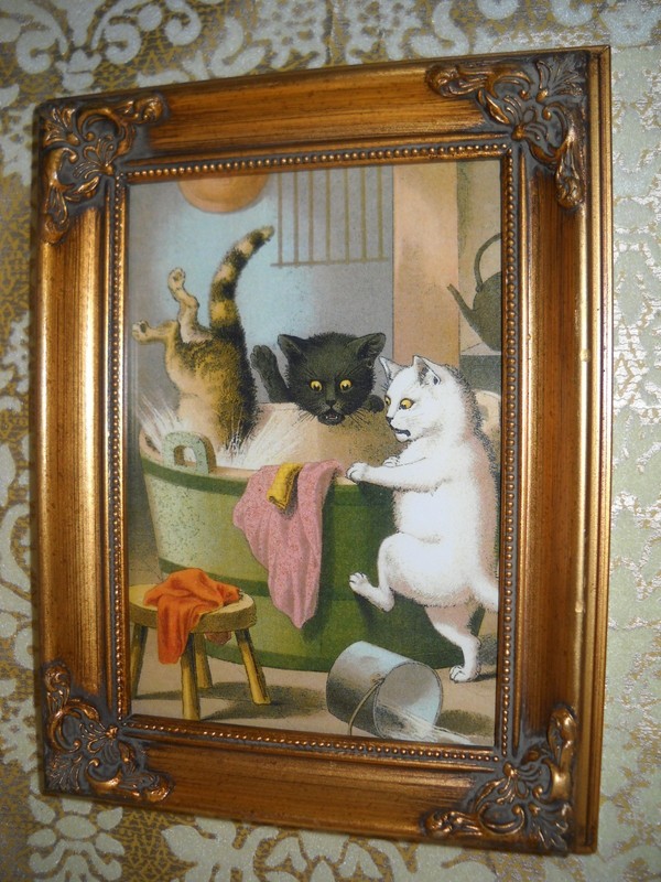 KITTENS STRUGGLE TO WASH CLOTHES 5 X 7 gold WOOD frame Victorian style art print