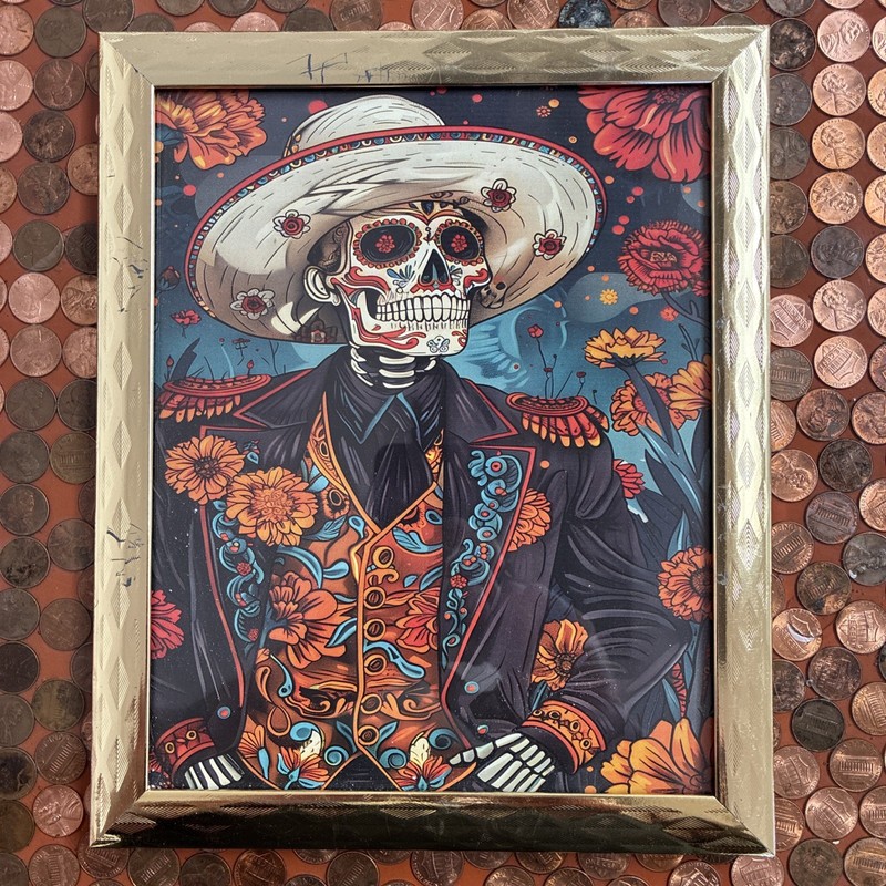 Framed Print Dia de Los Muertos Skeleton General Roses Colorful 9.25” X 11.25”