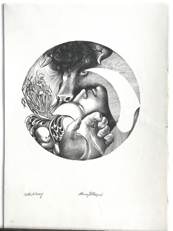 H. Regis TAURUS Signed Hand Drawn Lithograph, Fantasy Portrait, Zodiac, Bull gallery