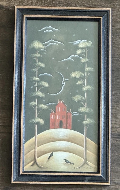 American Folk Art John Sliney Print Framed ON GOLDEN HILL Night Moon Crow 11x6”