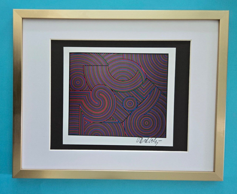 VICTOR VASARELY + SIGNED GEOMETRIC ABSTRACT PRINT FROM 1970s NEW FRAME 14x11in.