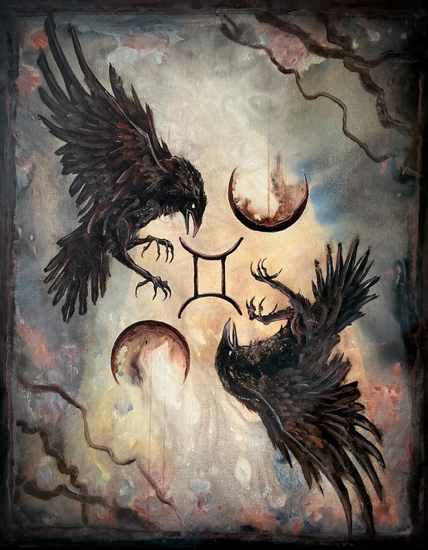 Gemini - Zodiac Art Print - Two Crows Flying with Star Sign & Surreal Moons gallery