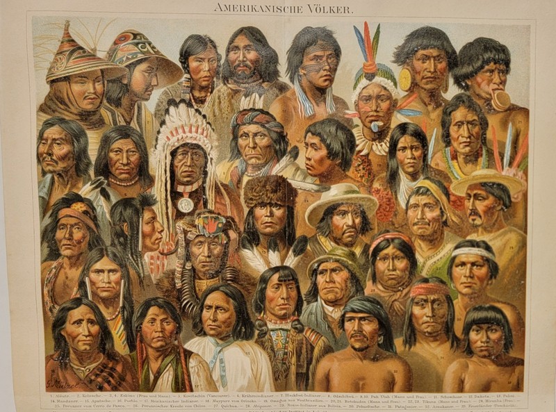 3 antique ethnographic chromolithographs people Americas Asia Africa Meyers 1889