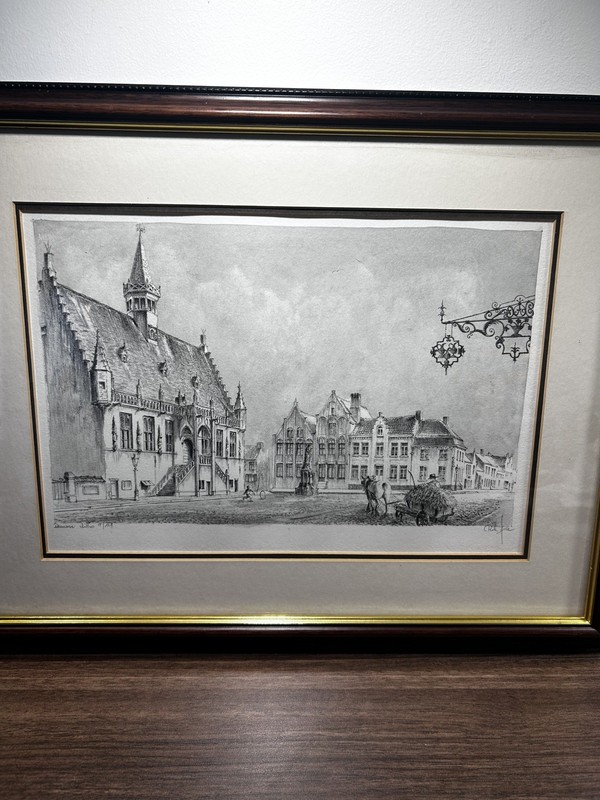 LITHOGRAPH Picture BY GUILINI C. RIK-AXE – Bruge Scene – SIGNED Belgium Framed