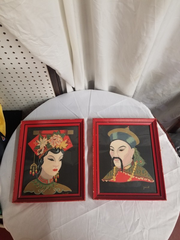 Vintage Pair 1950’s Mid Century Art Print Chinese Woman And Man Heads Signed…