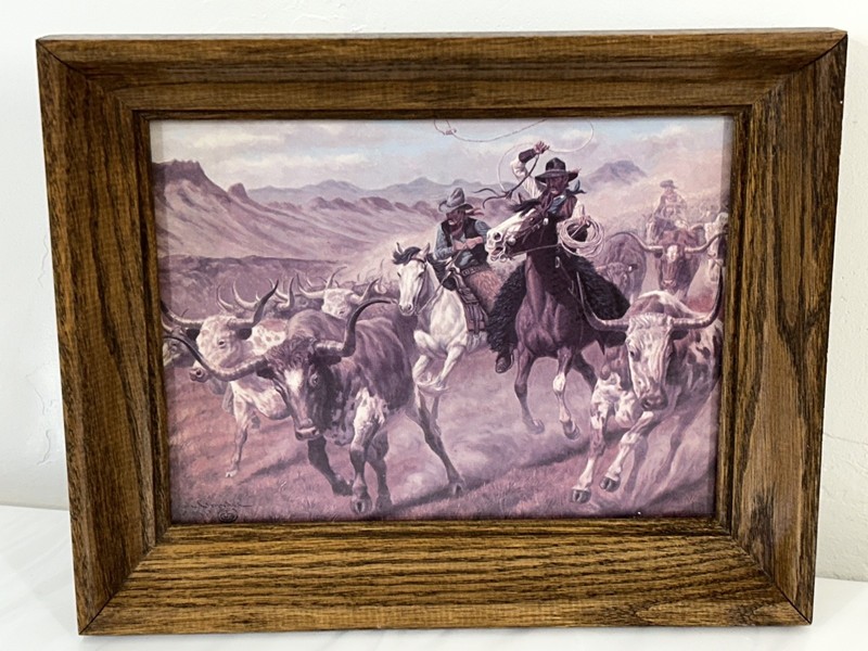 Vintage AMERICANA ART Joe Ruiz Grandee CATTLE DRIVE Cowboys Horses FRAMED