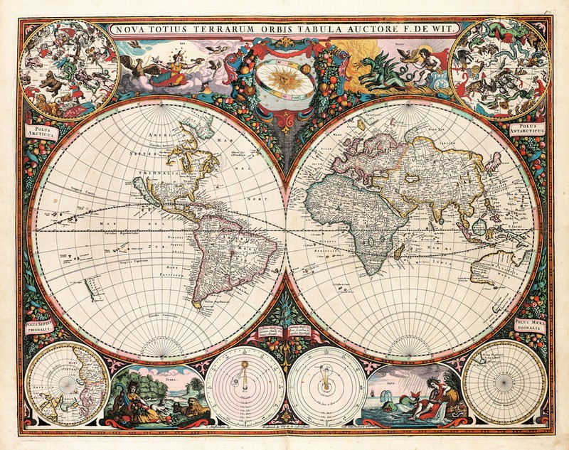 1660 Richly illustrated Decorative Historic World Map Frederick de Wit Print