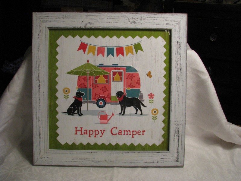 NEW Framed HAPPY CAMPER Print by Suzanne Nicoll Studios USA. 14-14″ x 14-1/4″