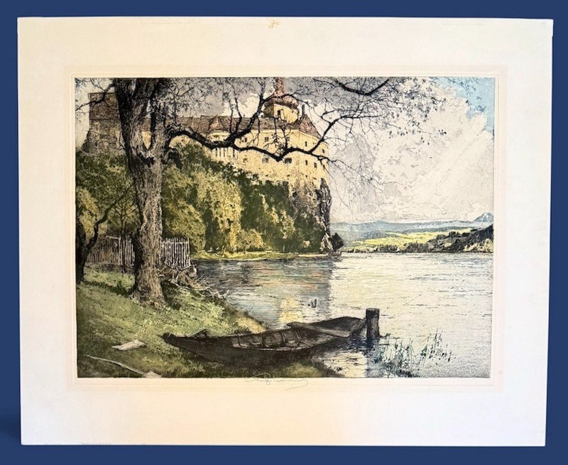 ⭕️ WATERMARK REAL LUIGI KASIMIR SIGNED COLOR ETCHING "PERSENBEUG CASTLE AUSTRIA"