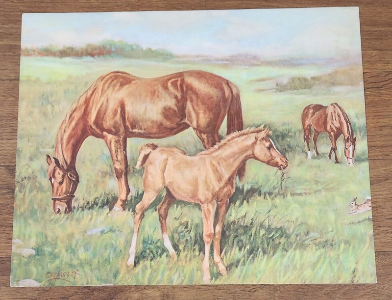 Litho in USA Print Horse in Field Signed Ole Larsen 21 x17 inches