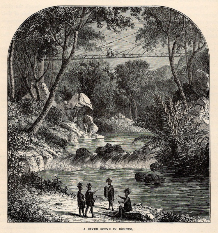 River Scene in Borneo Tropical Landscape 1885 Antique Engraving Print