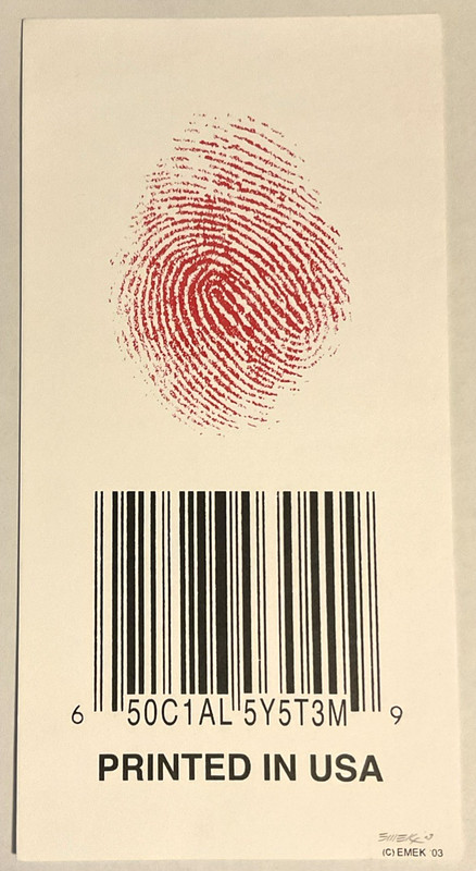 Emek 2003 Printed in USA 50C1AL 5Y5T3M Barcode Red Fingerprint 6×12 Art Print