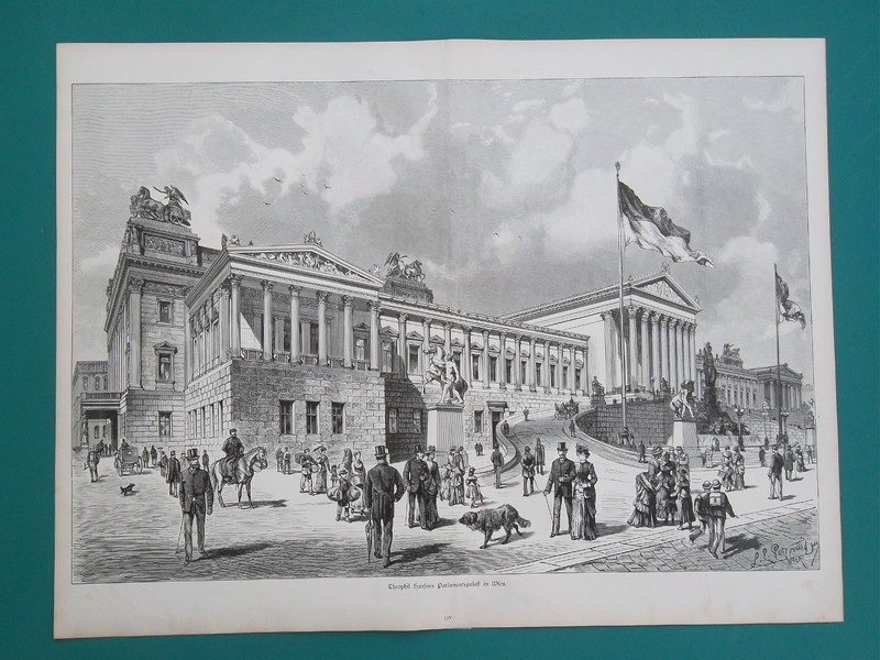 AUSTRIA New Parliament at Vienna Wien Perspective View - 1884 Print 16 x 21"