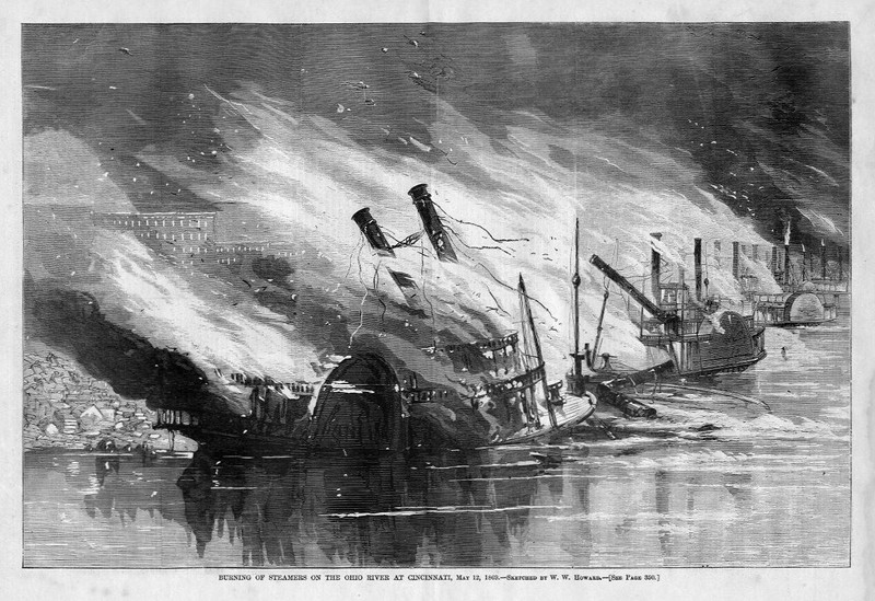 STEAMERS BURNING OHIO RIVER AT CINCINNATI STEAMBOAT FIRE DISASTER 1869 HISTORY