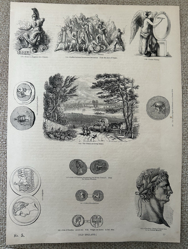 Antique Print Romans c1860s Engraving Barbarians Thames Ancient Coins History