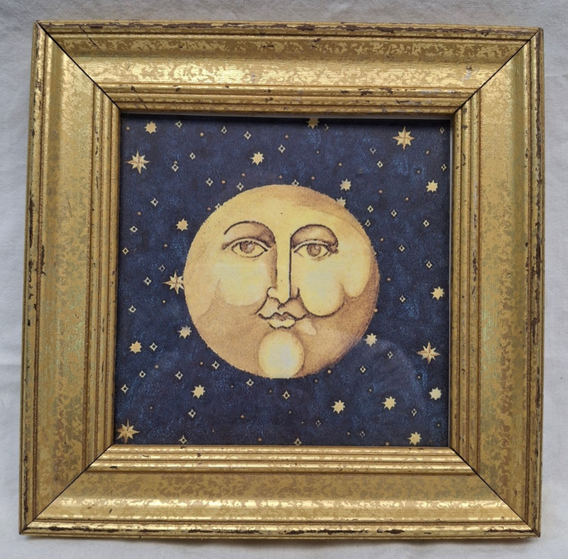 Vintage Celestial Sun Moon Framed Art Print Approx. 7×7 Square Stars & Moon