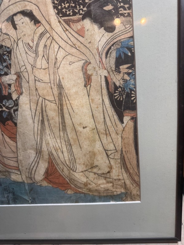 Antique Utagawa Kuniyoshi Bride Changing Clothes Woodblock Print Framed VG 18x14 gallery