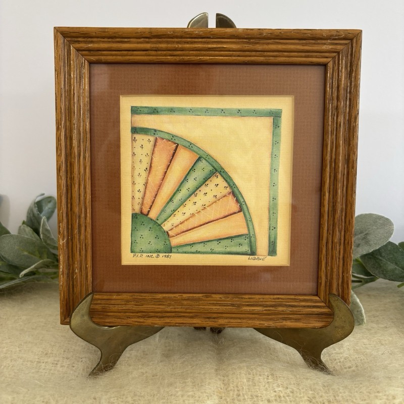 Vintage PTP Inc 1987 Linnie Framed Art Print Fan Quilt Cottage Core Granny