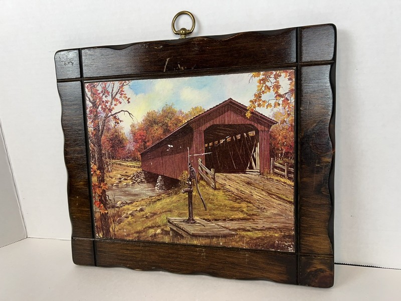 11x13 Rustic Barn Bridge Wooden Autumn Nature Art Painting Plaque Wall Decor gallery