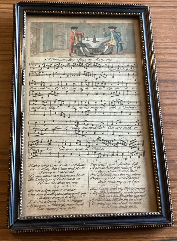 MUSIC SHEET~18C Hand Coloured Framed *A Favourite Song At Marybone”~23.5cm X 15