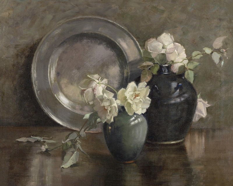 Still Life with Flowers and Plate Painting Giclee Print on Fine Art Paper