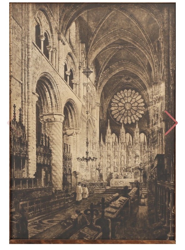 The Choir of Durham Cathedral beautifully captured in an etching by Axel Haig
