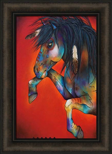 WILD FIRE by Micqaela Jones 16×22 Colorful Painted Horse War Horses FRAMED ART