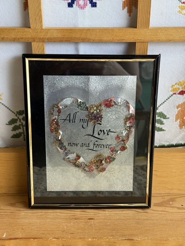 Vintage 70s 80s All My Love Now Forever Heart Flower Metallic Foil Framed Art