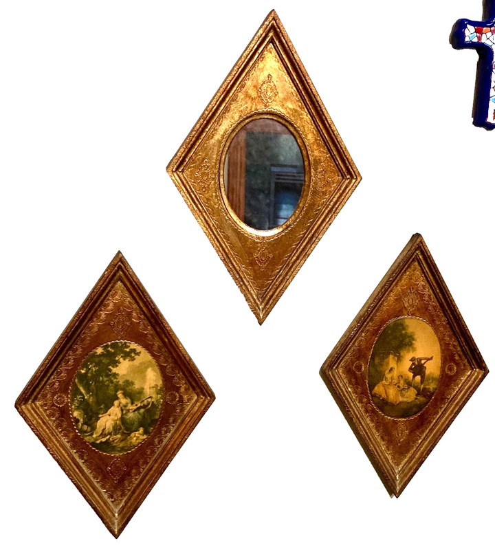 Vintage Italian Florentine Wood Gold Diamond Frame Wall Art & Mirror 8×13 Rococo