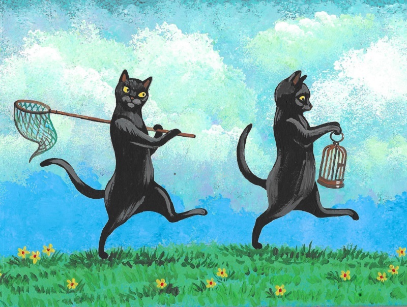 1.5×2 DOLLHOUSE MINIATURE PRINT OF PAINTING RYTA 1:12 SCALE BLACK CAT Folk Art