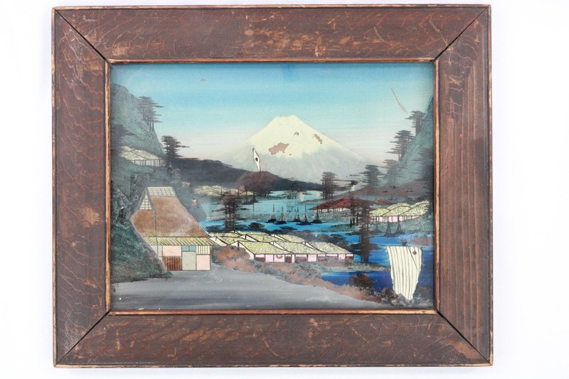 Vintage Framed Japanese 3D Reverse Art Picture Mount Fuji 34 x 28cm