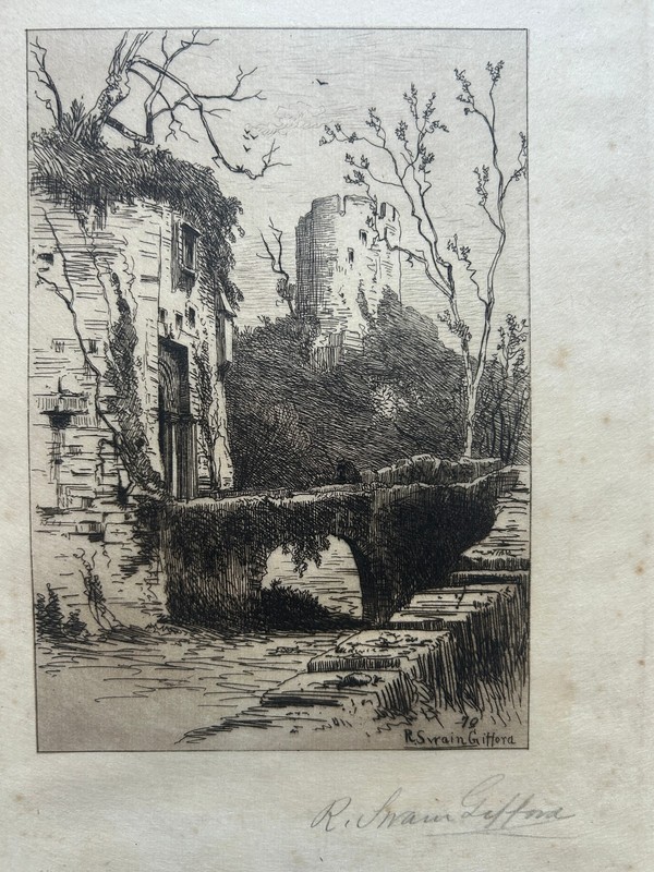 R. Swain Gifford Signed Etching Old Stone Bridge & Ruins Antique Print