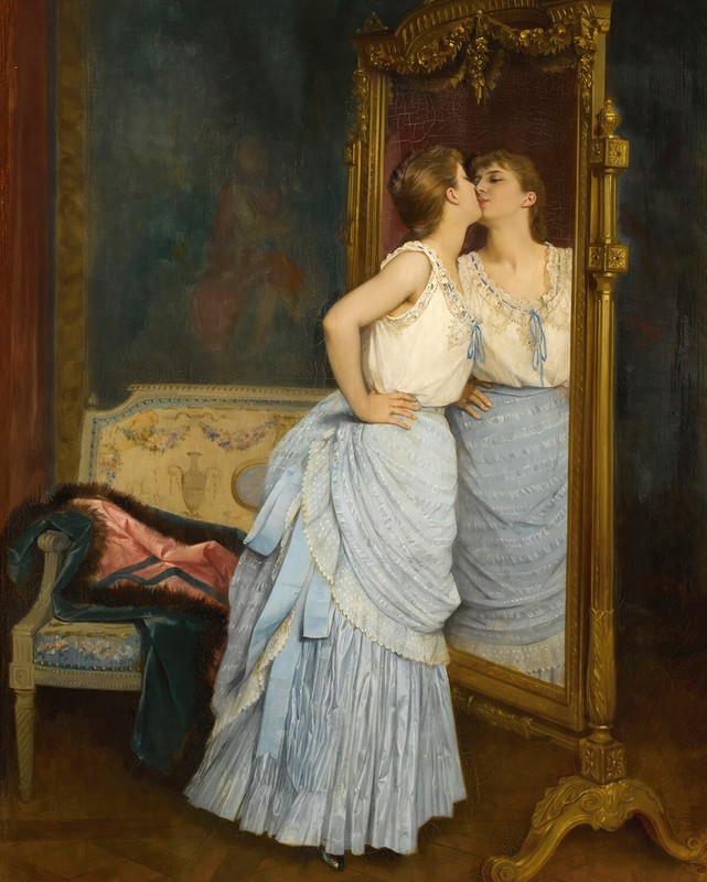 The Mirror Auguste Toulmouche Vintage Painting Giclee Print on Fine Art Paper