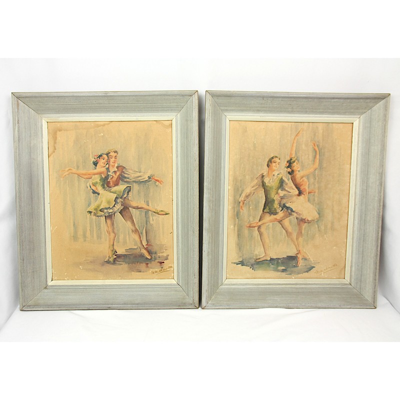 Vintage Ballet Dancers Water Color by Marchande Wood Framed Print Set 11 x 14″