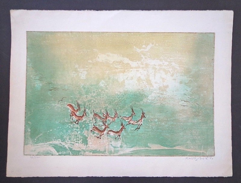 Kaiko Moti rare signed ltd. ed 48/120 H.C. 1964 etching «Les Cerfs» INV 2736