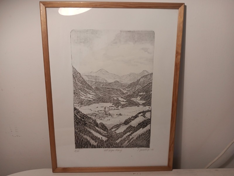 Limited Edition Intaglio Print Etching by S. Goldberg. Alpine Mountain Landscape